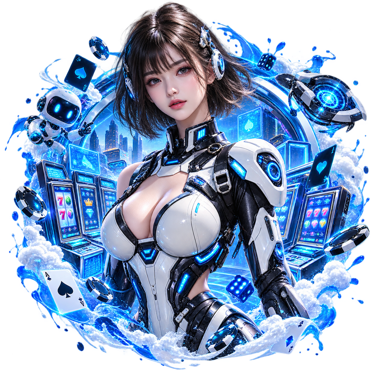 ภาพตัวละคร AI สไตล์ไซเบอร์บน ZNOVA168 พร้อมเกมสล็อต ไพ่ และองค์ประกอบคาสิโนออนไลน์ เหมาะสำหรับใช้ประกอบหน้าเกมสล็อตและคาสิโน znova168