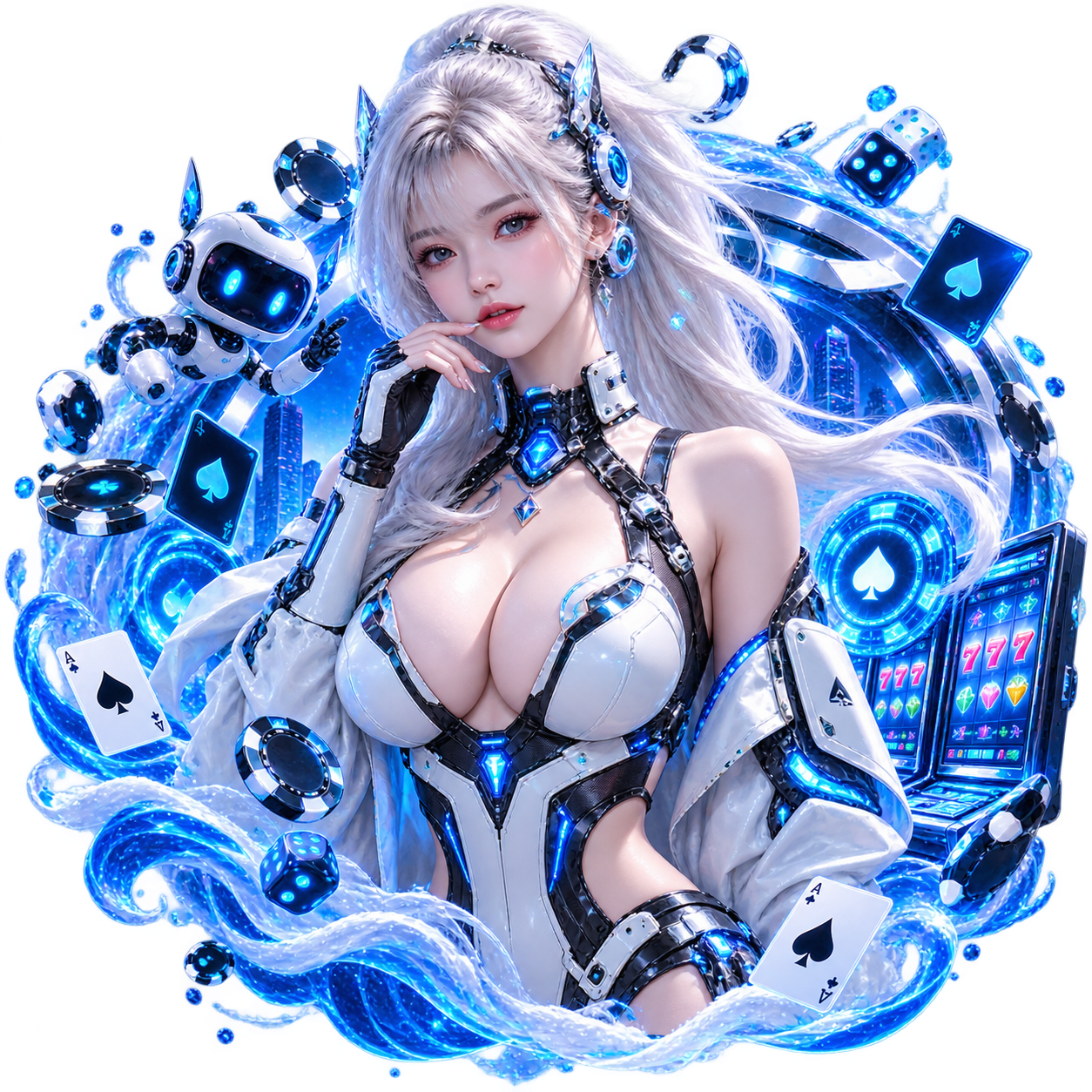 ภาพตัวละคร AI สไตล์ไซเบอร์คาสิโนบน ZNOVA168 พร้อมไพ่ ชิปคาสิโน และเกมสล็อตออนไลน์ เหมาะสำหรับใช้ประกอบหน้าคาสิโนและเกมสล็อต znova168